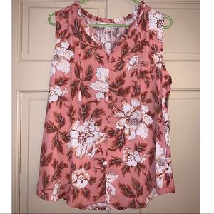 LOFT Floral Ruffle Tie Neck Mixed Media Shell